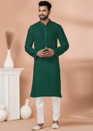 Green Embroidered Men Kurta Pajama
