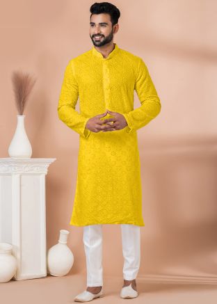 Yellow Embroidered Men Georgette Kurta Pajama