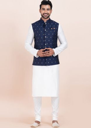 White Men Kurta Pajama With Nehru Jacket