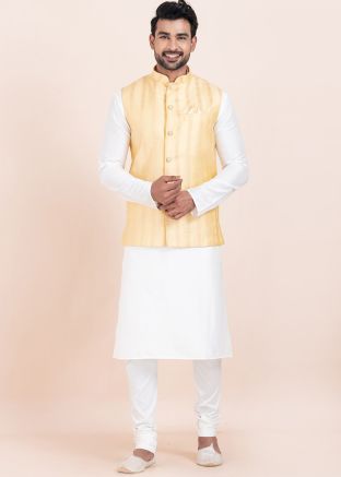 White Woven Kurta Pajama With Nehru Jacket