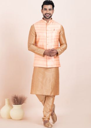 Golden Men Kurta Pajama With Woven Nehru Jacket