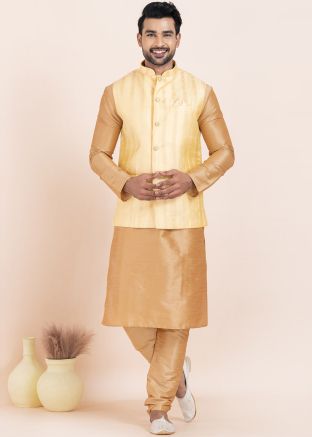 Golden Men Kurta Pajama With Nehru Jacket