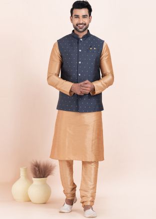 Golden Kurta Pajama With Woven Nehru Jacket