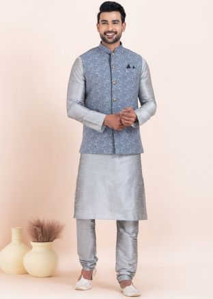 Grey Woven Kurta Pajama With Nehru Jacket