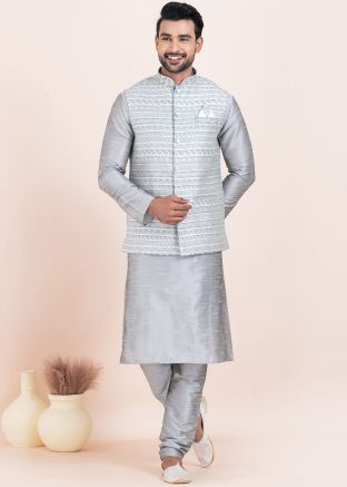 Grey Men Kurta Pajama With Woven Nehru Jacket
