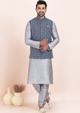 Grey Kurta Pajama With Nehru Jacket In Woven Work