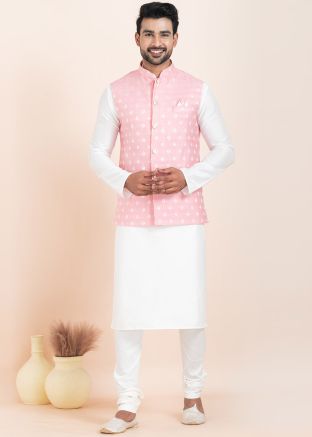 White Woven Kurta Pajama With Nehru Jacket