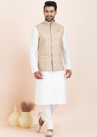 White Men Kurta Pajama With Nehru Jacket