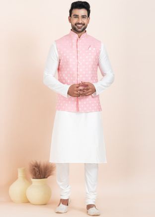 White Woven Kurta Pajama With Nehru Jacket