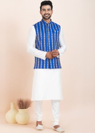 White Kurta Pajama With Woven Nehru Jacket