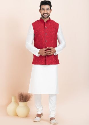 White Woven Kurta Pajama With Nehru Jacket