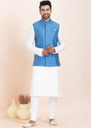 White Men Kurta Pajama With Nehru Jacket
