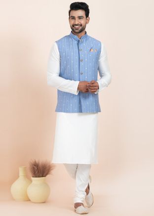 White Men Kurta Pajama With Woven Nehru Jacket