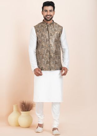 White Men Kurta Pajama With Nehru Jacket