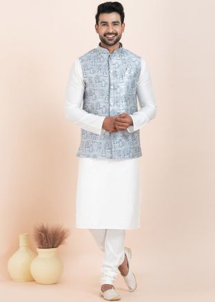 White Woven Kurta Pajama With Nehru Jacket