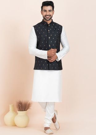 White Men Woven Kurta Pajama With Nehru Jacket