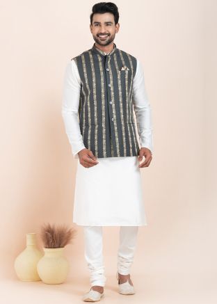 White Men Kurta Pajama With Nehru Jacket