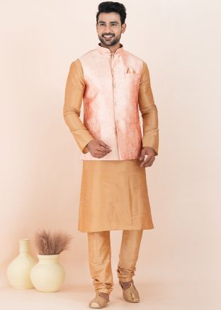 Golden Woven Kurta Pajama Wit Nehru Jacket