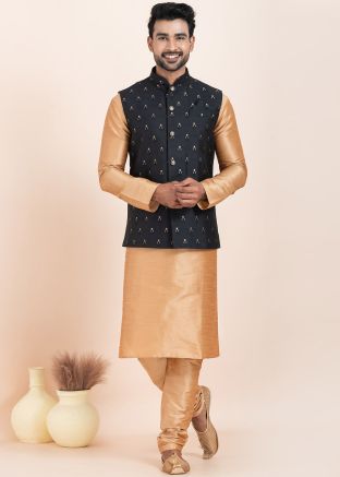 Golden Men Kurta Pajama With Nehru Jacket