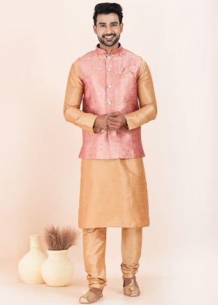 Golden Woven Kurta Pajama Wit Nehru Jacket