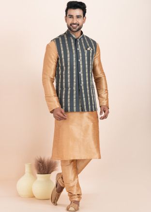 Golden Men Kurta Pajama With Woven Nehru Jacket