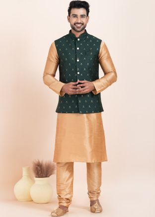 Golden Woven Kurta Pajama Wit Nehru Jacket