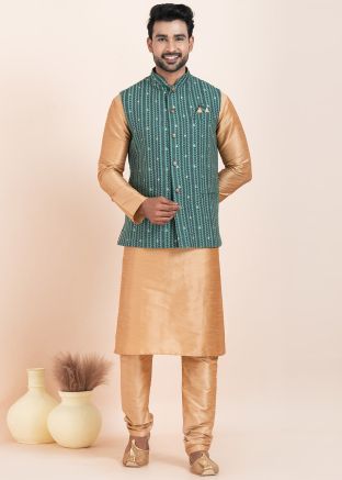Golden Men Kurta Pajama With Nehru Jacket