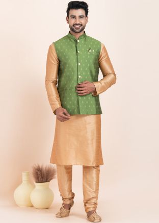 Golden Men Woven Kurta Pajama With Nehru Jacket