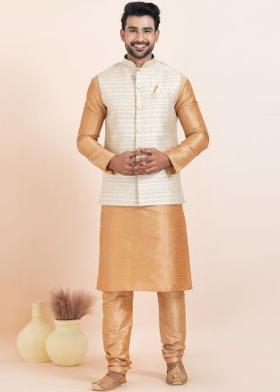 Golden Kurta Pajama With Woven Nehru Jacket