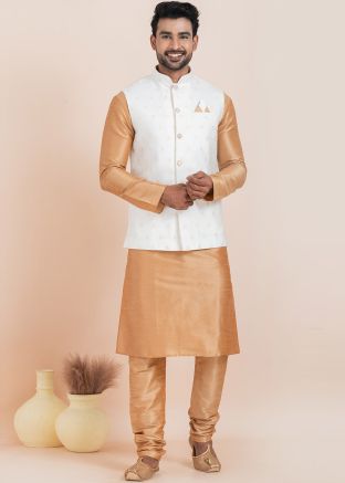 Golden Woven Kurta Pajama Wit Nehru Jacket