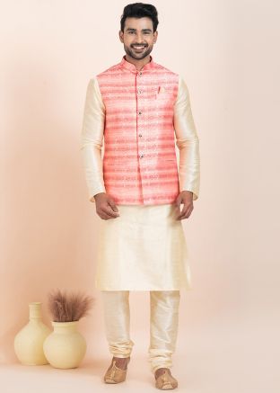 Cream Woven Kurta Pajama With Nehru Jacket