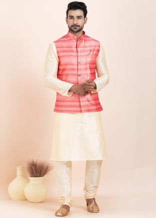 Cream Men Kurta Pajama With Woven Nehru Jacket