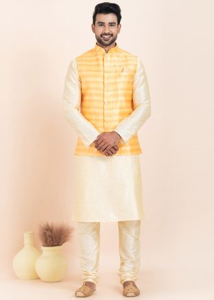 Cream Woven Kurta Pajama With Nehru Jacket