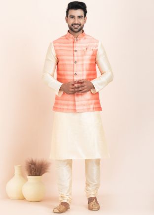 Cream Kurta Pajama With Woven Nehru Jacket