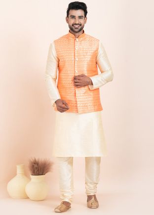 Cream Men Kurta Pajama With Woven Nehru Jacket