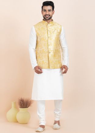 White Woven Kurta Pajama With Nehru Jacket