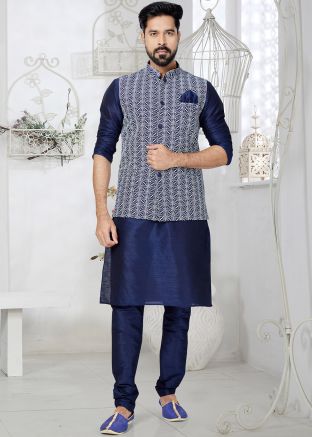 Blue Embroidered Men Kurta Pajama With Nehru Jacket