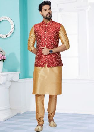 Golden Men Embroidered Kurta Pajama With Nehru Jacket