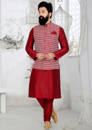 Red Men Kurta Pajama With Embroidered Nehru Jacket