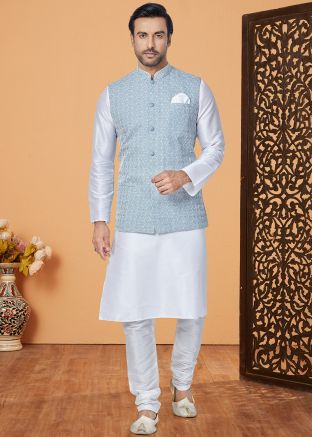 White Men Kurta Pajama With Nehru Jacket