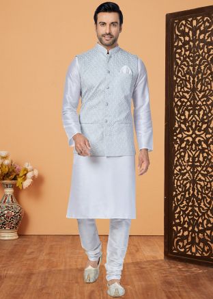 White Embroidered Kurta Pajama With Nehru Jacket