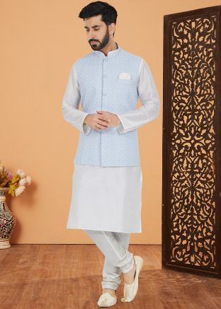 White Embroidered Men Kurta Pajama  With Nehru Jacket