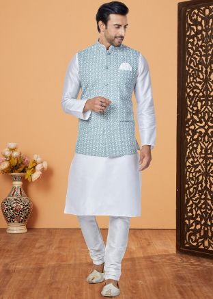 White Men Kurta Pajama With Nehru Jacket