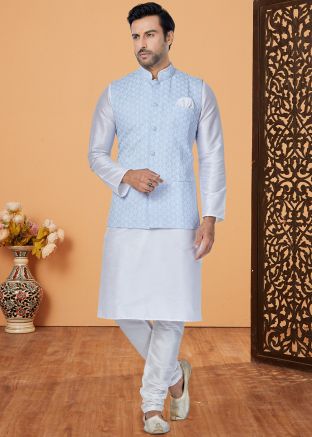 White Embroidered Men Kurta Pajama  With Nehru Jacket