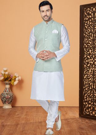 White Men Kurta Pajama With Nehru Jacket