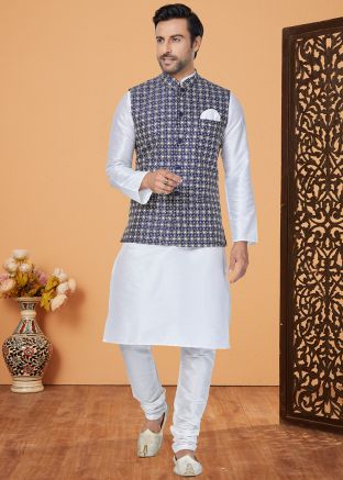 White Embroidered Kurta Pajama With Nehru Jacket