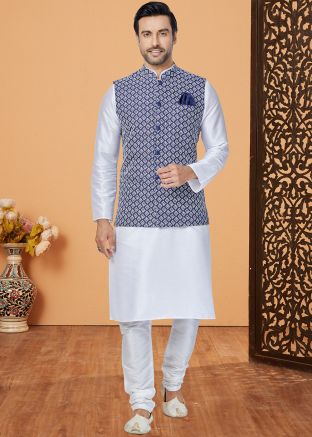 White Men Kurta Pajama With Nehru Jacket