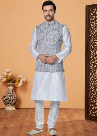 White Kurta Pajama With Embroidered Nehru Jacket