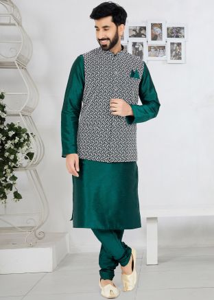 Green Embroidered Kurta Pajama With Nehru Jacket