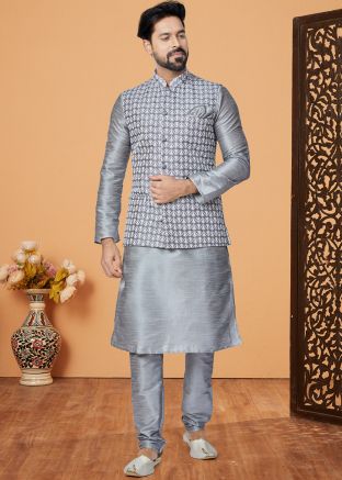 Grey Men Embroidered Kurta Pajama With Nehru Jacket